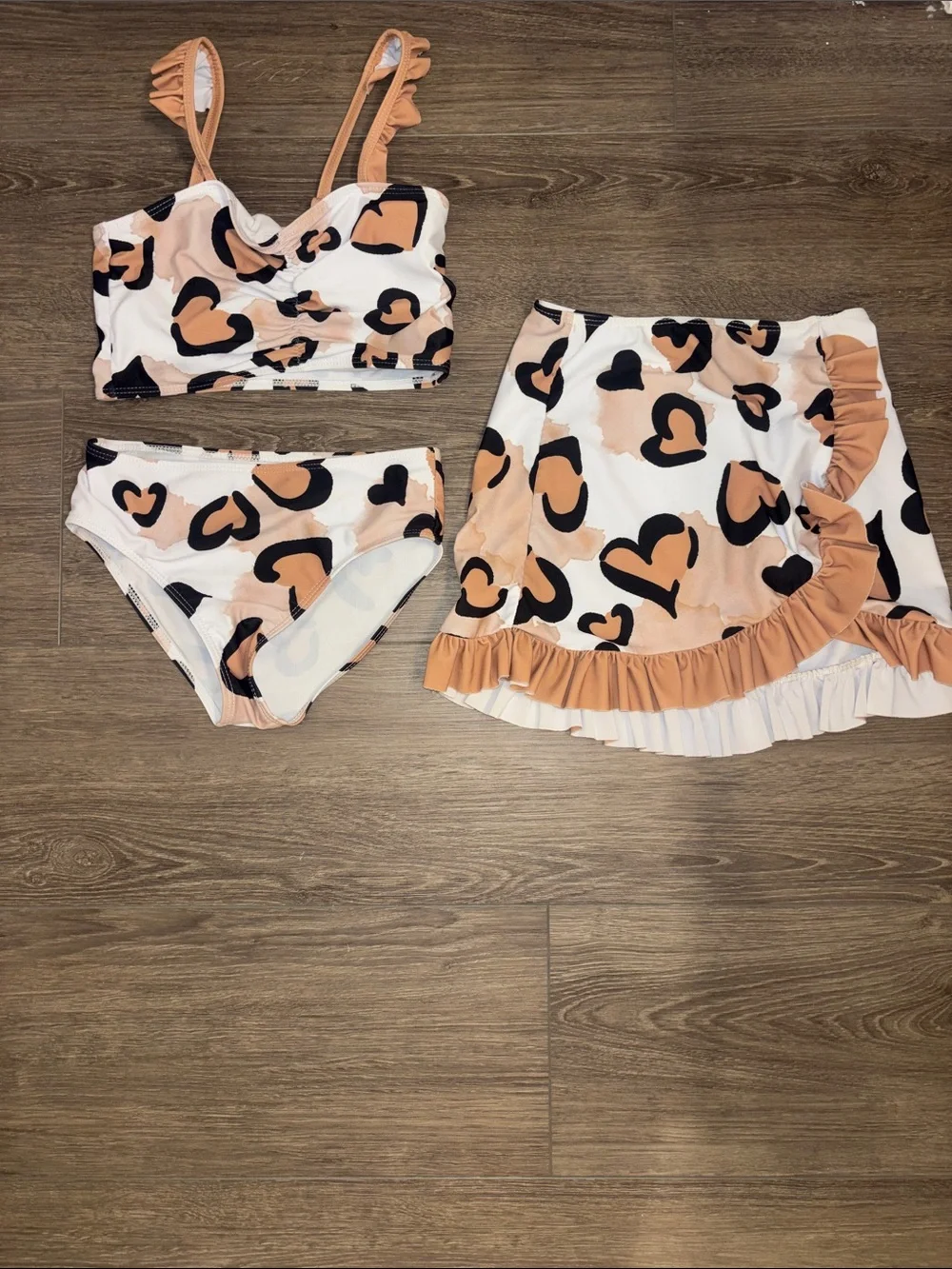 Tan & Black Heart Cheetah Print Bikini with Ruffle Skirt